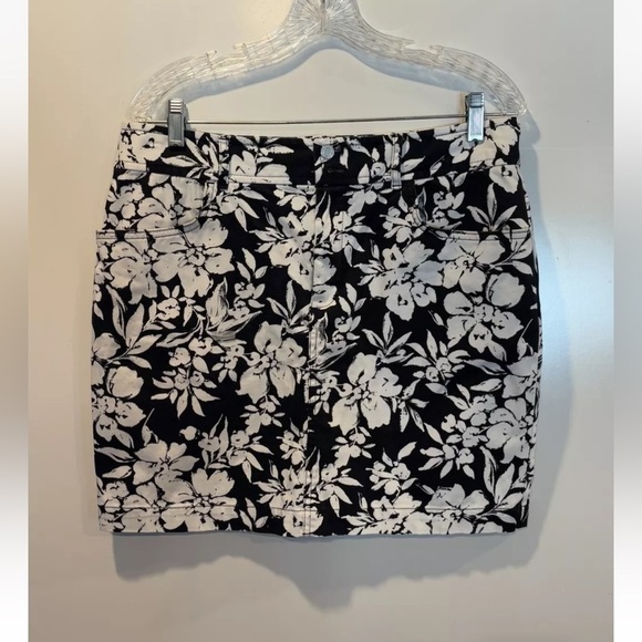 Chaps Black White Floral Pencil Straight Skirt Cotton Stretch Women's 12 (168) - Picture 1 of 3